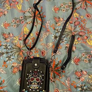 Black Crossbody Bag with Colorful Embroidered Skull and Rhinestone Design